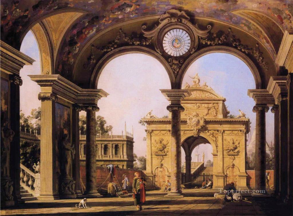 capriccio of a renaissance triumphal arch seen from the portico of a palace 1755 Canaletto Oil Paintings